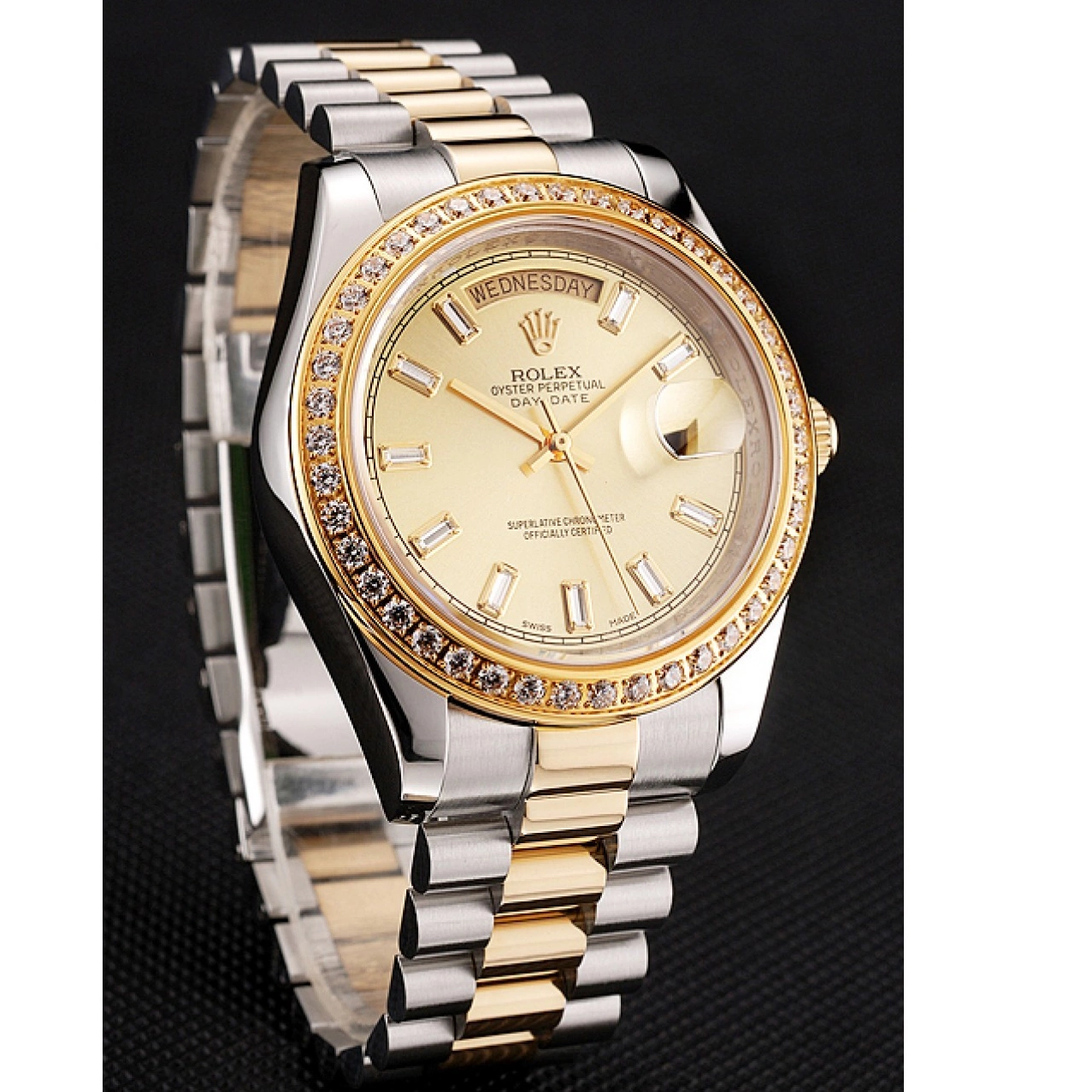 Aaa replica watch Day-Date Swiss Bracelet Dial Two Rolex Bezel 1454103 Tone Champagne Diamond 0607